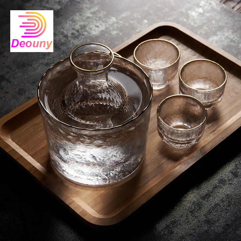 

DEOUNY Hip Flask Wine Glasses Set Japanese Small Sake Cups Alcohol Flasks Bottle Hammer Pattern Glass Gifts 5/6Pcs Bar Drinkware