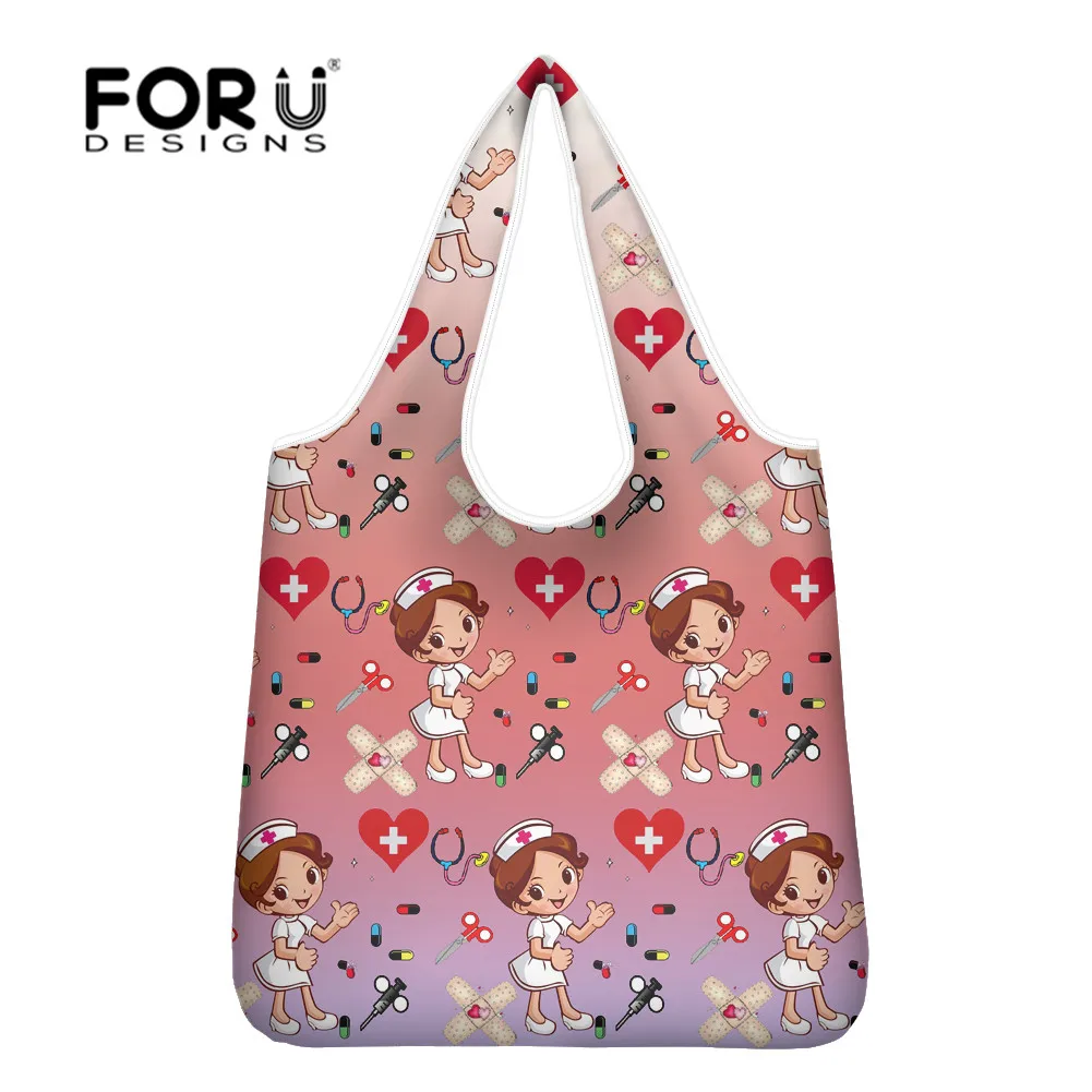 FORUDESIHNS Cartoon Nurse Print Shopping Bag Portable Foldable Eco Friendly Grocery Pouch Women Multicolor Large-capacity Totes