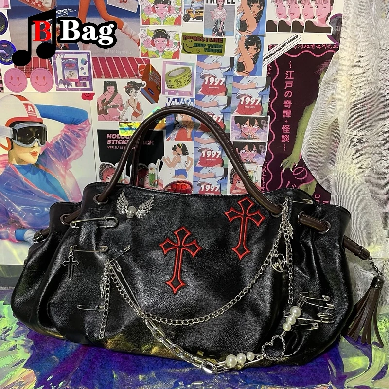 Bolso de hombro con cadena de pin cruzado para mujer y niña, bolsa de mensajero de gran capacidad, estilo gótico, punk, Harajuku, de cuero PU, Y2K