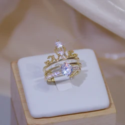 Luxury Shine Zirconia Crown Ring for Women 14K Plated Gold Charm Exquisite Temperame Bague Anillos Jewelry Pendant Birthday Gift