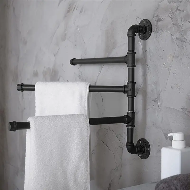 Industrial Pipe Towel Rack Heavy Duty 3-Bar Swivel Towel Holder for Bathroom