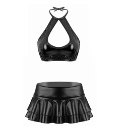 Womens Metallic Shiny Sleeveless Halter Neck Cut Out Strappy Crop Top with Ruffle Mini Skirt Dance Dress Two Piece Outfit Set