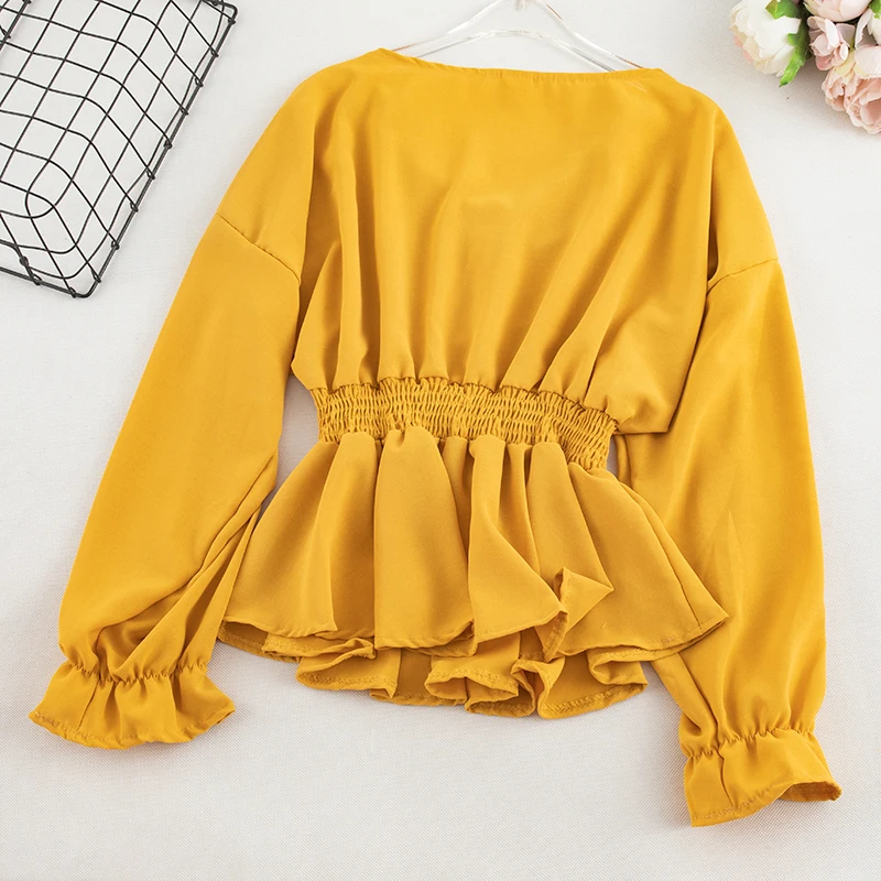 Elegant Women Summer V-Neck Flare Sleeve Pleated Basic Ruffles Shirt Vintage Elastic Slim High Waist Cardigan Button Blouse Tops