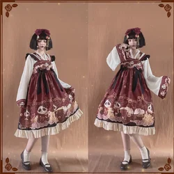 Chinese style sweet lolita dress vintage falbala bowknot cute printing high waist victorian dress kawaii girl gothic lolita jsk