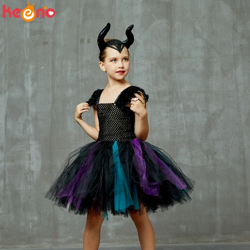 Kids Evil Queen Halloween Fancy Costume Girls Devil Witch Tutu dress with Horns for Cosplay Carnival Party Clothing