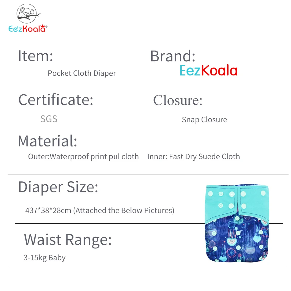 EezKoala Suede Cloth Pocket Diaper Baby Washable Reusable Eco-Friendly Diapers Diaper Cover Pocket Modern Cloth Diapers Nappies