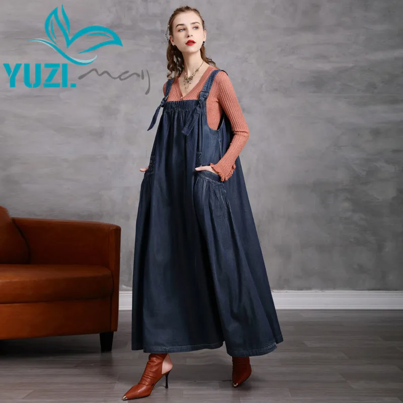 

Woman Dress 2020 Yuzi.may Boho New Denim Women Dresses Adjustable Shoulder Girdle Big Pockets Loose Vestido A82271 Vestidos