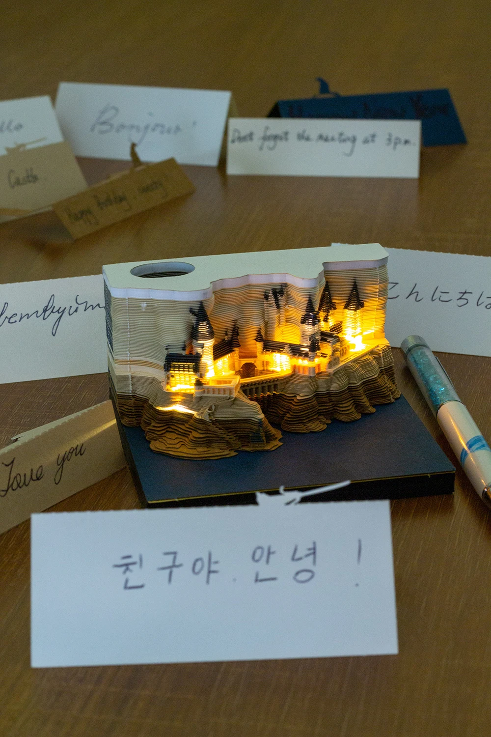 [Light Up! ]3D Memo Pad Funny Cute School Castle with Lights DIY Note Art Paper Notepad Building Block Sticky Note