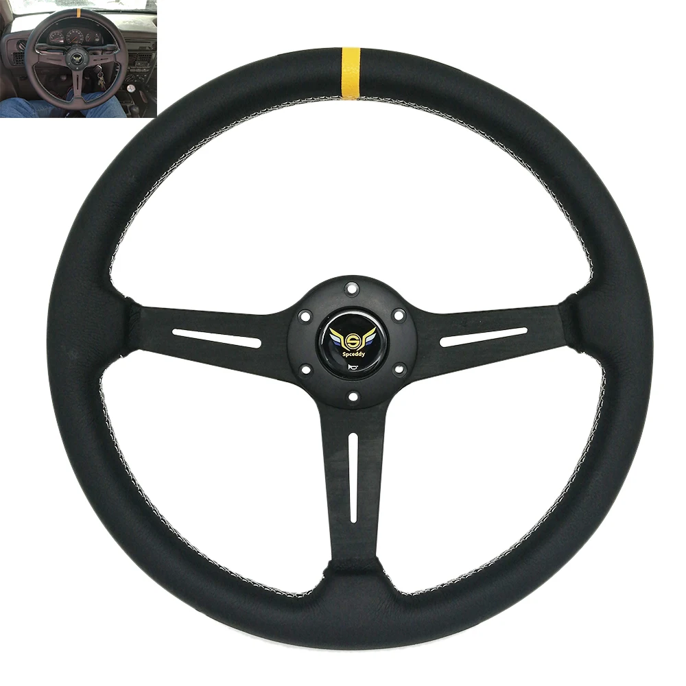 Spceddy Racing Steering Wheel 15inch 370mm Car Drift Sport Flat Real Leather Steering Wheels White Sewing Line With Horn