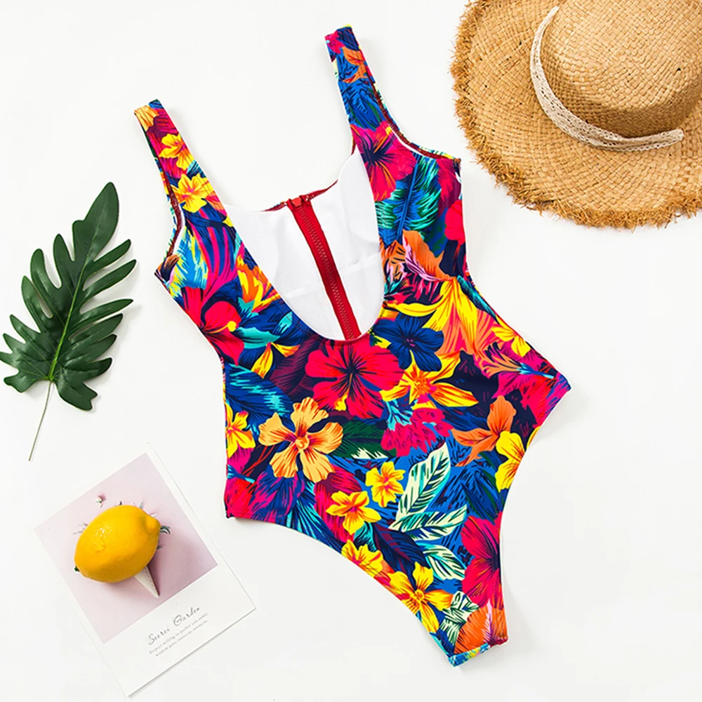 2023 New Sexy Zipper One Piece Swimsuit Women Swimwear Push Up Monokini Bodysuit Swimsuit Print Bathing Suit Summer Beachwear XL