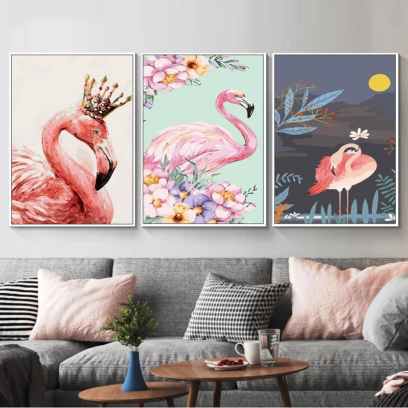 

RUOPOTY 3PC Frame DIY Painting By Numbers Modern Home Wall Art Picture Flamingo Animal Paint By Numbers For Home Decors Artwor