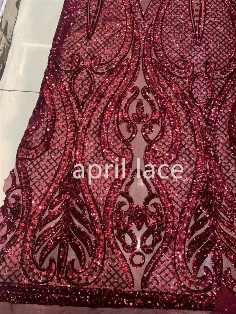 Dark Red Haute Couture 5Yards/Lot Sequin Best Quality Luxury Embroidery Tulle Mesh Lace Fabric for Wedding Bridal Dress