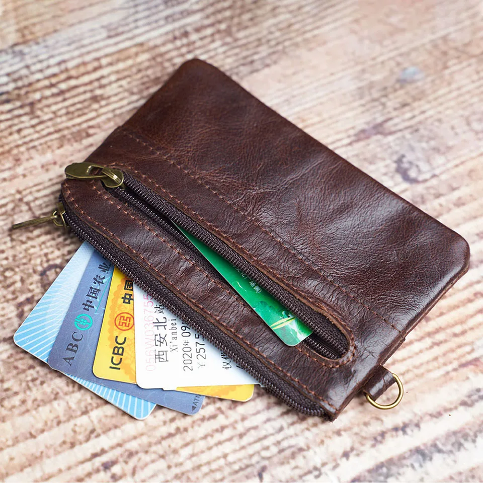Nupugoo-Vintage kleine Geldbörse für Männer, Mini-Brieftasche, Echt ledertasche, braune lässige kleine Tasche, Reiß verschluss tasche, Schlüssel geld – Detail 5