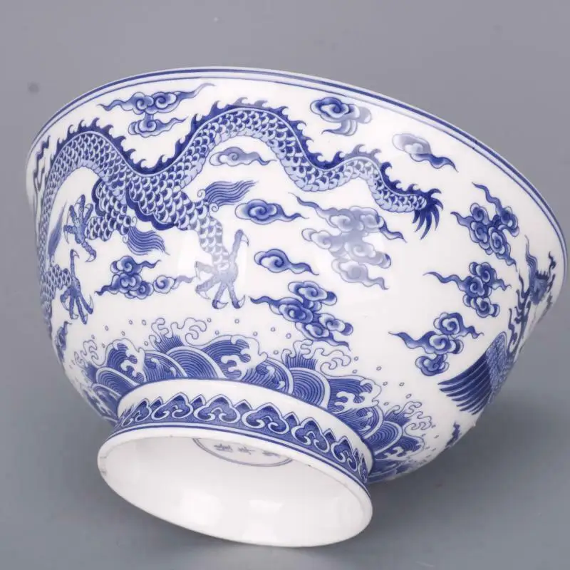 Chinese Blue and White Porcelain Qing Qianlong Dragon Phoenix Design Bowl Antique Porcelain Noodle Bowl 6.1 inch