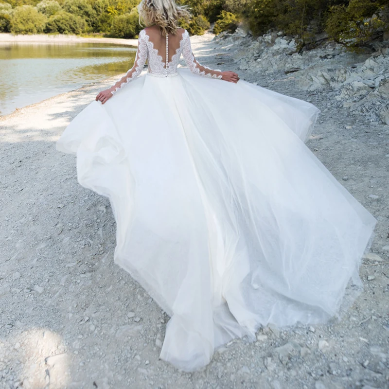 Abito da spiaggia da sposa da spiaggia bohémien perle una linea maniche lunghe aderenti Plus Size abito da sposa in Tulle trasparente con cerniera Robe De Mariée