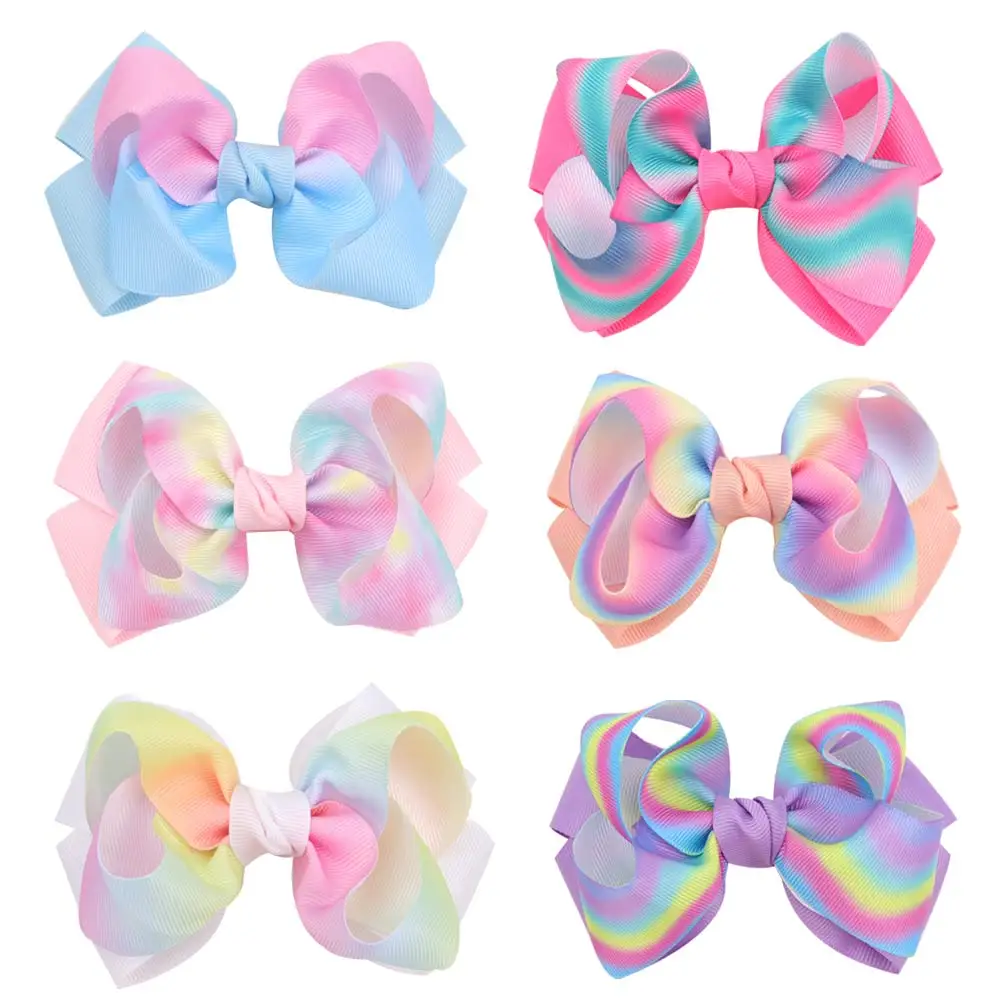 

4" Rainbow colors Boutique Grosgrain Ribbon Hair bow with Clips Kids Tie dye hair accessories Girls Hairpins Barrettes Headwear