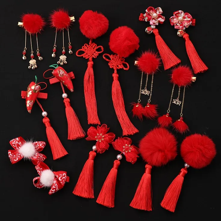 1pair Chinese Hanfu Hair Accessories Red Pink Flower Hairpins Vintage Dress Headwear Long Tassels Hair Clip Noiva Jewelry