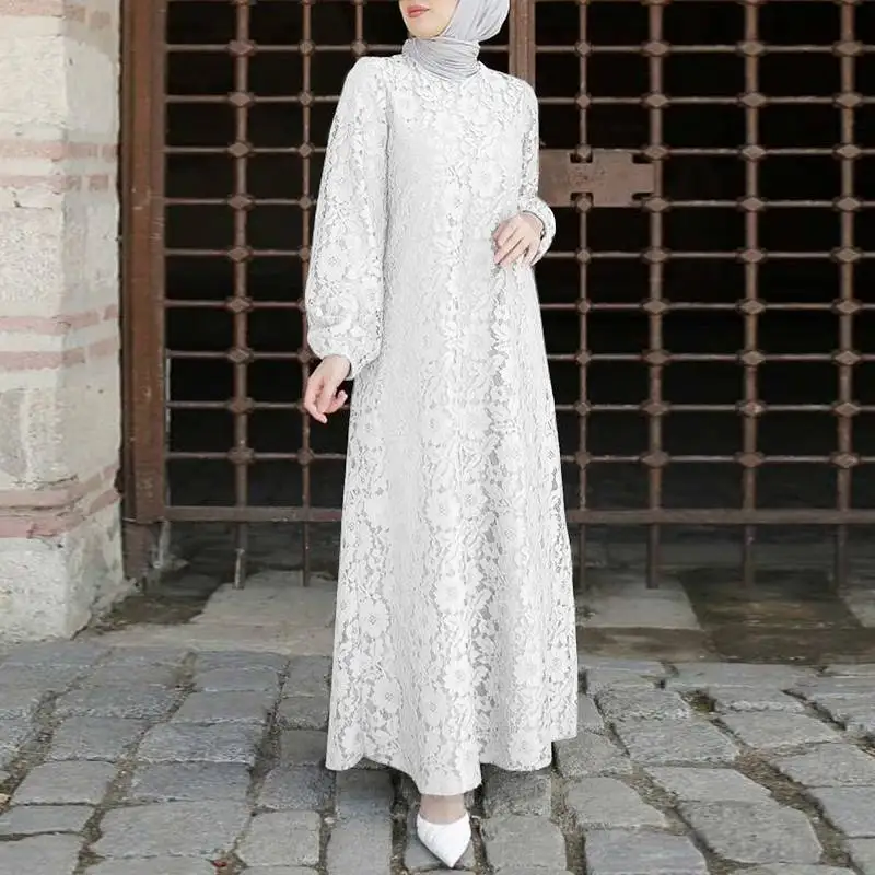 Zanzea Vrouwen O Hals Lange Mouw Sundess Mode Moslim Kaftan Kant Bloemen Maxi Jurk Abaya Marokko Lange Maxi Jurk Casual gewaad