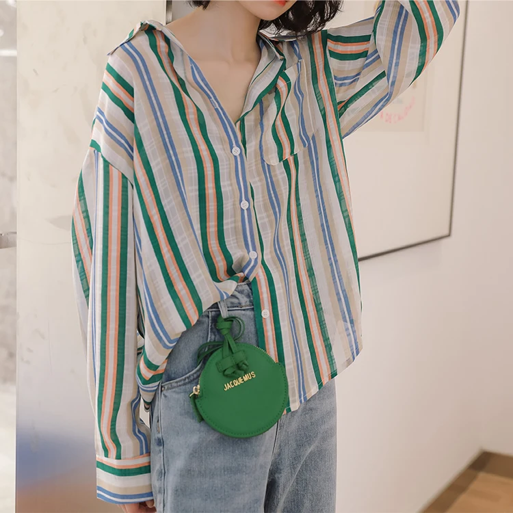 CHEERART Chiffon Striped Button Up Collared Shirt For Women Long Sleeve Top And Blouses Red Green Casual Loose Shirt