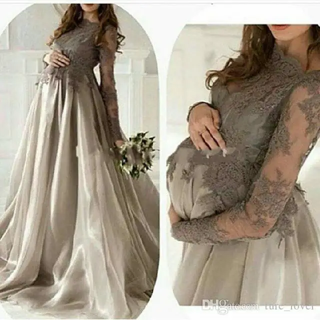 Elegant Maternity Long Sleeves Evening dress Jewel Lace Applique Organza Skirt Plus Size Pregnant Women Prom Gowns Gray V