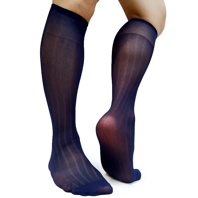 Calzini da uomo in nylon trasparente, a righe elastiche alte, trasparenti, trasparenti, sottili, sexy, per abiti formali, calze da uomo