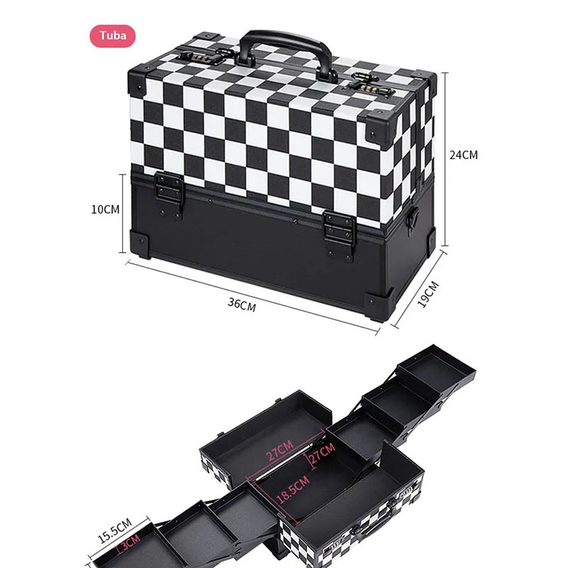 Professional Portable Beauty Manicure Embroidery Makeup Artist Suitcase Big Organizer Black Cosmetic Box Checkered Vanity Case