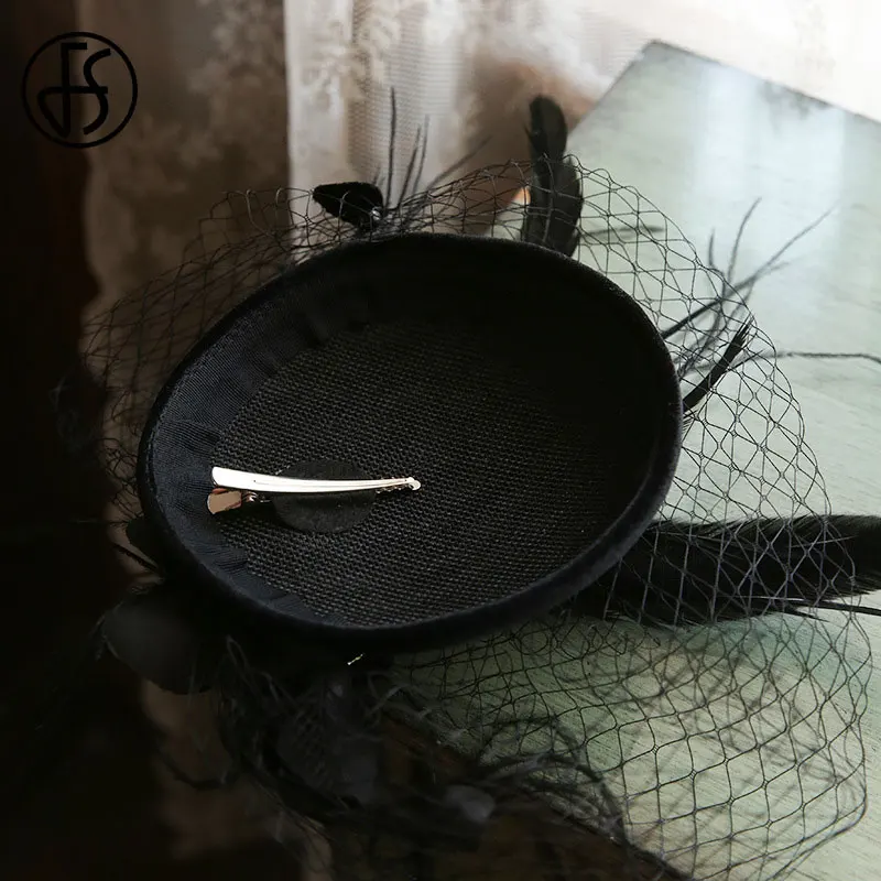 FS Black Veil Hats For Women Elegant Flower Fascinators Hats Feather Weddings Pillbox Hat Vintage Ladies Church Fedora Derby Hat