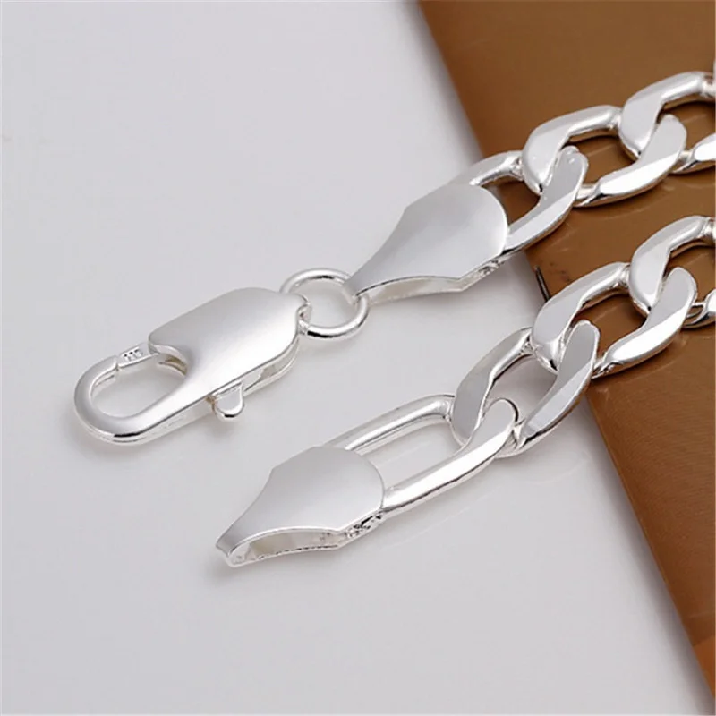 New Fashion 925 Sterling Silver Bracelet 12mm Wide Men's Figaro Chains 21cm for Men's Women Fine Jewelry Pulseiras