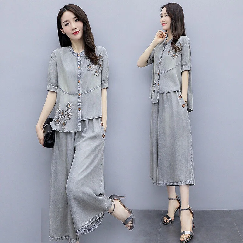 Women's Leisure Outfits 2021 New Summer Clothes Fashion National Style Denim Crop Top And Wide Leg Pant Two Piece Set For Women