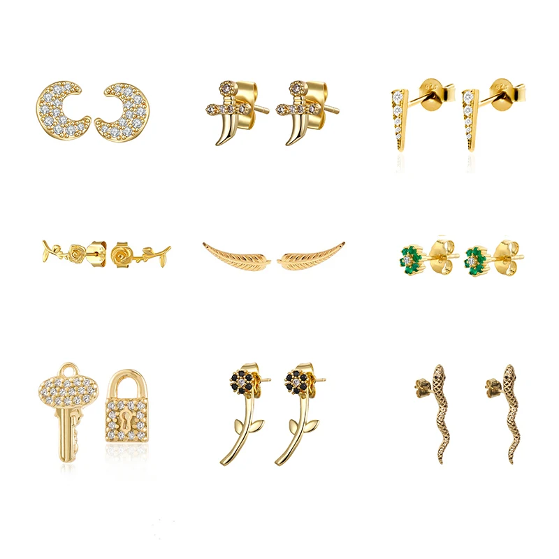 CRMYA Silver Gold Filled Stud Earrings For Women Men CZ Zircon Climbers Cross Key Lock Piercing Ear Rings Jewelry Wholesale