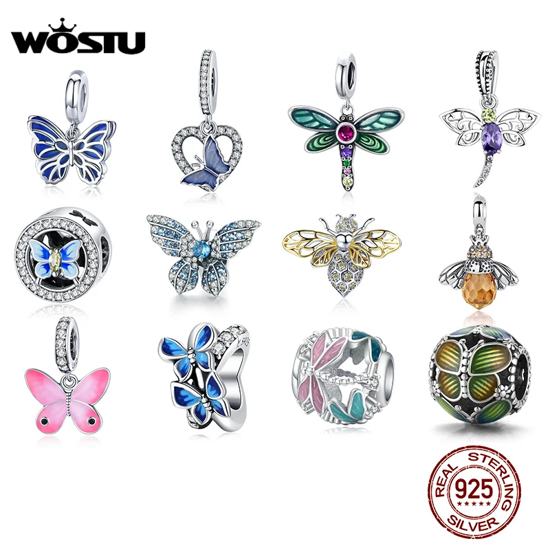 WOSTU Honey Bee Honeycomb Charms 925 Sterling Silver Butterfly Dragonfly Enamel Zircon Beads Pendant DIY Bracelet Jewelry Making