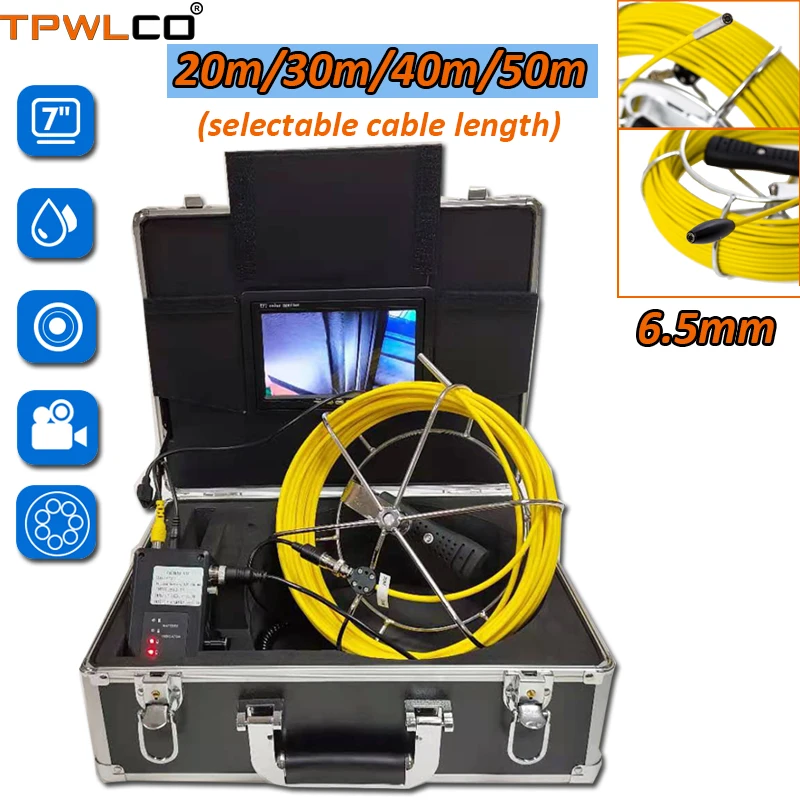 7'' TFT LCD Display 6.5mm Pipeline Camera Head Used For Pipe Sewer Drain Wall Video Plumbing System 20m-50m Cable With DVR