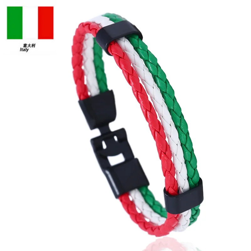 Men & Women Leather Braided Spain Russia Portugal Italy Canada France Germany Belgium Country Flag Bracelets Hand Jewelry Gift