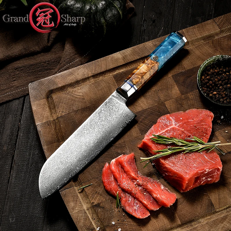 6.7 Inch Santoku Knife Kitchen Chef Knives Japanese Damascus AUS-10 Steel Sharp Blade Meat Fish Salmon Cutting Tools GRANDSHARP