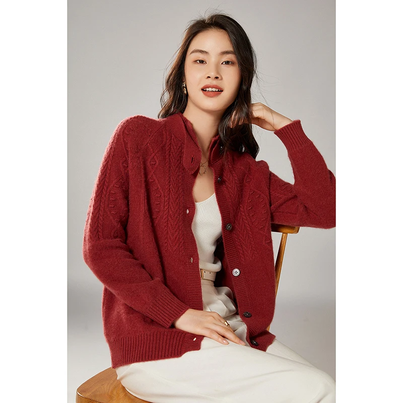 Women's Cardigan, Round Neck Elastic, Basic Explosive Style, Pure Wool Twisted Long-Sleeve Soft And Thick Knitted Sweater Coat