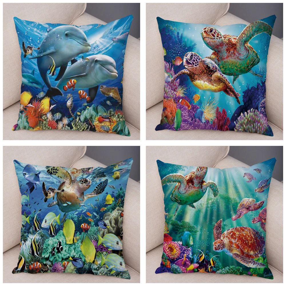 Colorful Underwater World Pillowcase Decor Cartoon Animal Turtle Dolphin Cushion Cover for Sofa Home Car Soft Plush Pillow Case