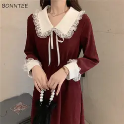 Long Sleeve Dress Women Peter Pan Collar Spring Patchwork French Retro Elegant Tunic Mid-calf College All-match Vestidos Chic
