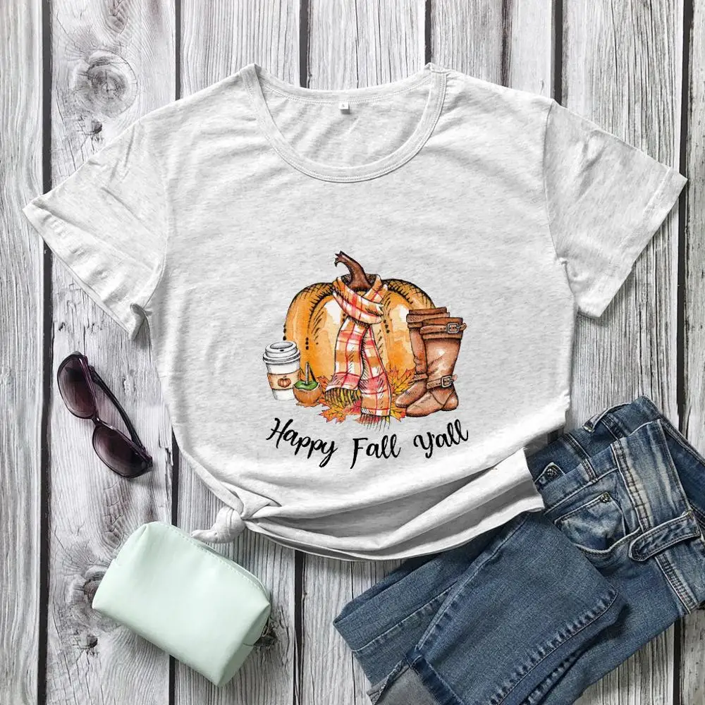 Funny Pumpkin and boots Graphic tshirt Happy Fall yall T-shirt Fall Shirts holiday tees Women casual grunge vintage art Top