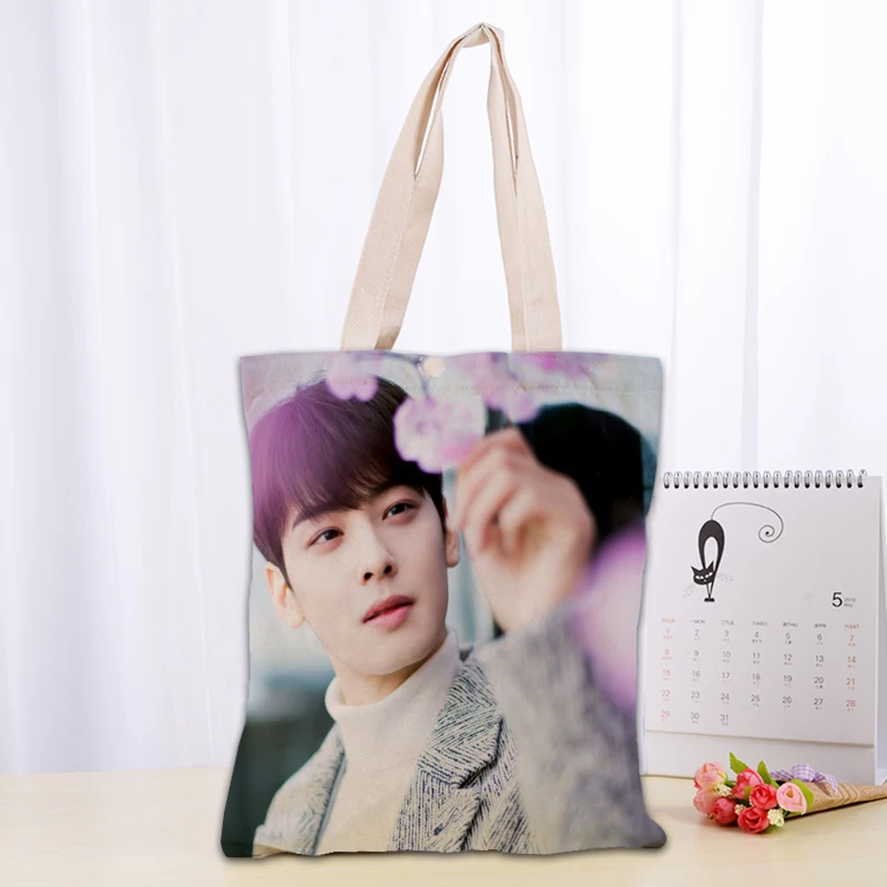 KPOP Cha EunWoo Tote Bag Women Canvas Fabric Bags Eco Reusable Shopping Bags Traveling Beach Casual Useful Shoulder Bag