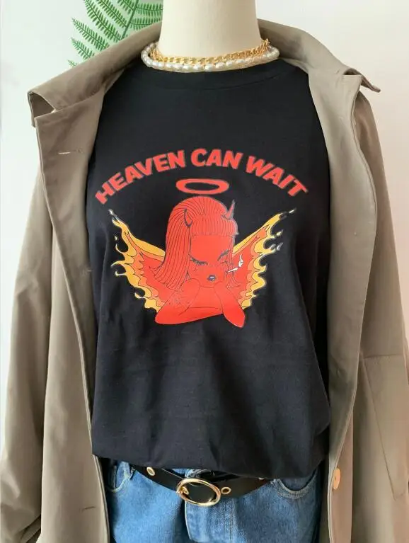 PUDO-XSX Heaven Can Wait Angel พิมพ์ผู้หญิง Tshirt Cotton สบายๆตลกเสื้อ T เลดี้ Yong สาว Top Tee