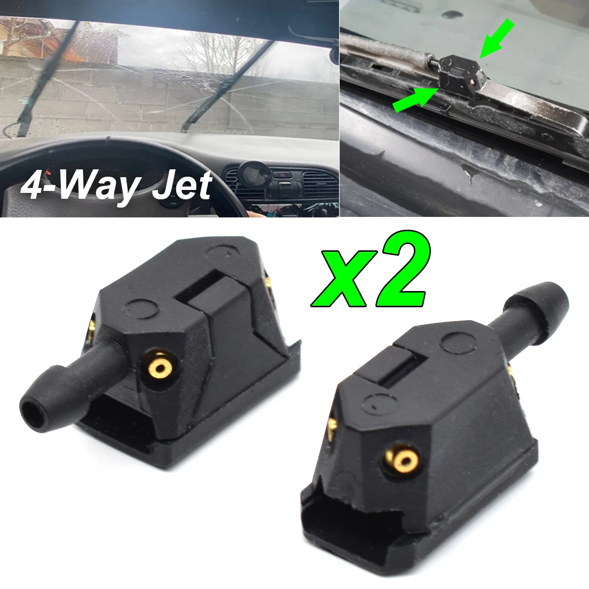 2Pcs Universal Car Windshield Washer Wiper Blade Arm Water Spray Jet Nozzles Mount Adjusted 4 Way Upgrade Front Windscreen Clean