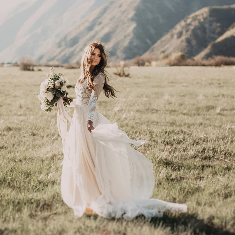 Vestido de novia de gasa de manga larga, prenda de vestir de estilo rústico con cuello de pico y encaje Floral bohemio, de talla grande, para playa