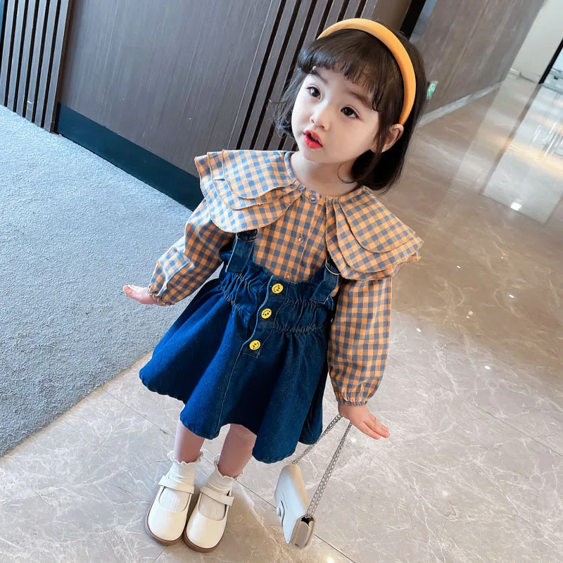 Toddler Kids Baby Girls Plaid Blouse Sling Denim Dress Spring Long Sleeve Tops Infant Girls Dress for Children Clothes Sets 2021