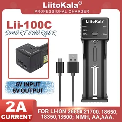 LiitoKala Lii-100C 21700 Ładowarka do akumulatorów 3,7 V 18650 18350 26650 1,2 V AA AAA Ni-MH C 2A Szybkie ładowanie Wyjście USB