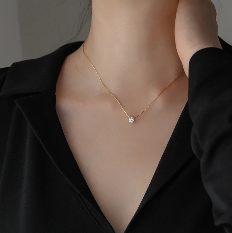 YUN RUO Tender Six Claw Zircon Pendant Necklace Yellow Gold Color Titanium Steel Jewelry Woman Gift Never Fade Hypoallergenic
