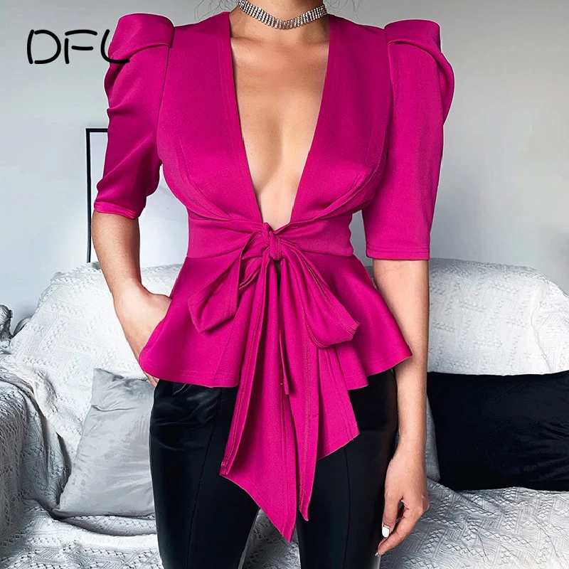 

DFLlifes Sexy Top For Women Cardigan Top Bow-Knot Lace Up V-Neck Ruffled Fashion Slim Knit Jacket Half Sleeve Female Solid Tops