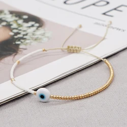 Go2BoHo Eye Bracelet Miyuki Dainty Tiny Beaded Simple Bracelets for Women Fashion Jewelry Gold White Color Adjustable Rope