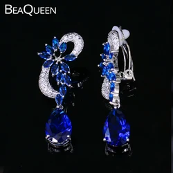 BeaQueen Royal Blue Crystal No Pierced Clip On Earrings Fashion Women Teardrop Stone Clips Ear Jewelry Without Piercing E193