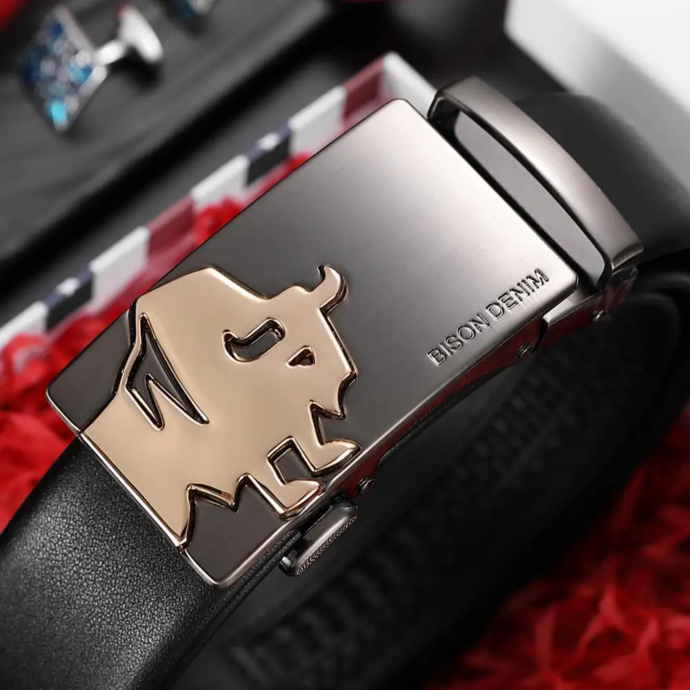 BISON DENIM Cow Leather Men Belt Automatic Alloy Buckle Belt Luxury Classsic Genuine Leather Strap High Quality for Male N71517