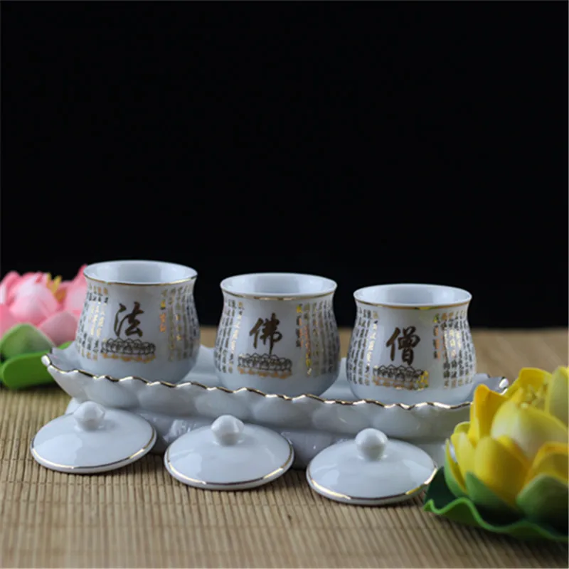 Buddhist Supplies, Water Supply Cups, Three-piece Sets, Ceramics, Buddhists, Gold Strokes, Buddhist Offerings,on Sale~